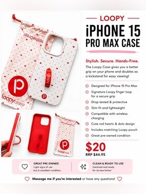 Loopy Case Pink Phone Case with Red Hearts and Red Loop iPhone 15 Pro Max